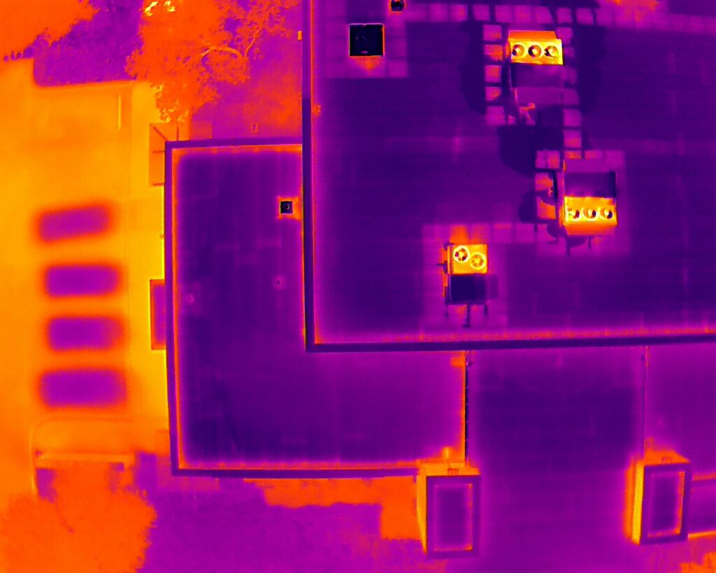 This image showcases what a thermal image looks like in a thermal roof inspection application.