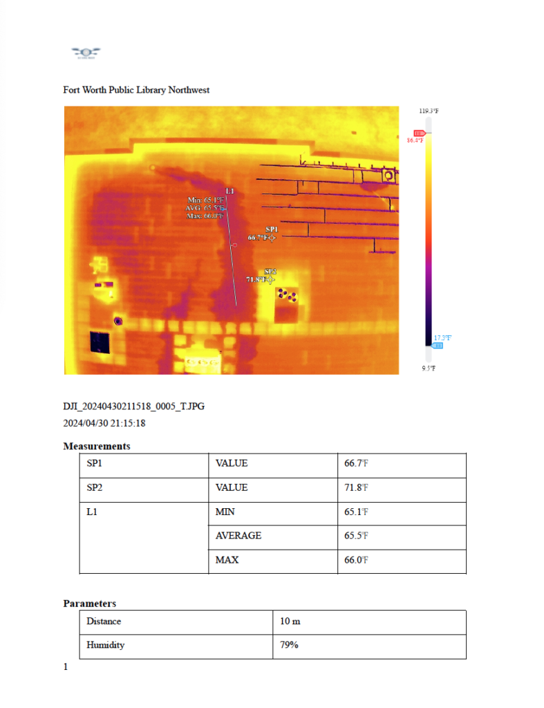 This is a thermal report containing information on moisture penetration gathered by an infrared drone during a roof inspection.